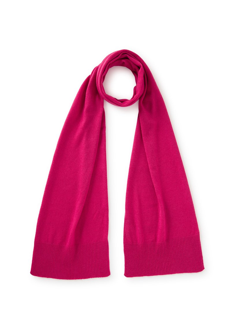 Écharpe rose tricotée avec une texture lisse, dotée d'extrémités côtelées et d'un design long et élancé pour une polyvalence dans le style et la chaleur.
