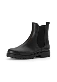 Bottines Chelsea en cuir noir avec panneaux élastiques sur les côtés, tirant à l'arrière, et semelle épaisse à crampons pour une adhérence et une durabilité optimales.