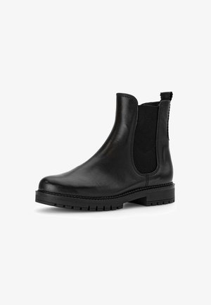 Schwarze Leder Chelsea-Boots mit elastischen seitlichen Einsätzen, Zugschlaufe an der Rückseite und dicker Profilsohle für Grip und Langlebigkeit.