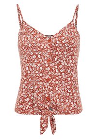 Haut à imprimé floral rouge avec des fleurs blanches, doté de bretelles réglables, d'une patte de boutonnage à l'avant et d'un détail de nœud noué à l'ourlet.