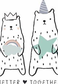 Two cartoon bears stand side by side. One holds a pastel cloud with a rainbow; the other, a teal star. Both wear distinctive party hats.