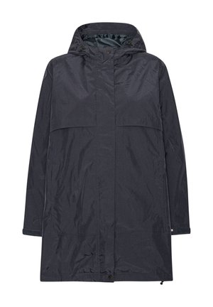 Imperméable noir à capuche avec manches longues, fermeture éclair avant et boutons-pression, et poignets ajustables.