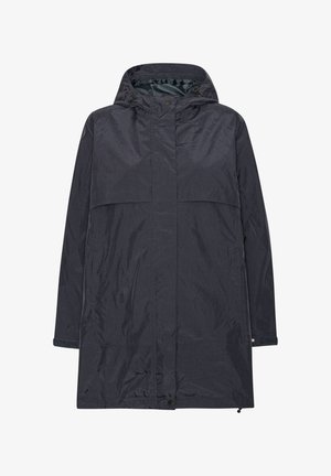 Czarna wodoodporna peleryna przeciwdeszczowa z kapturem, długimi rękawami, zamkiem błyskawicznym z przodu i zapięciem na zatrzaski oraz regulowanymi mankietami.