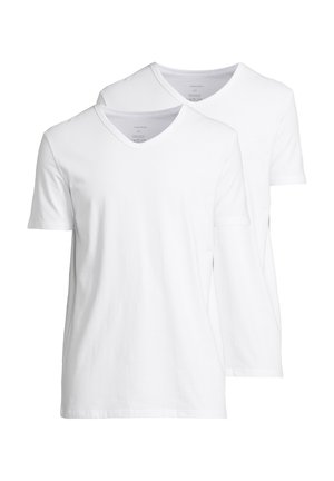 Weiße Baumwoll-T-Shirts mit V-Ausschnitt und kurzen Ärmeln, präsentiert im Doppelpack, mit glatter Textur und ohne Muster.