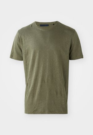 Olive green short-sleeve t-shirt made from soft, lightweight fabric, featuring a classic round neckline and relaxed fit.
