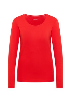 Czerwona koszula z długim rękawem i okrągłym dekoltem. Wykonana z gładkiego, elastycznego materiału. Charakteryzuje się prostym wzornictwem, bez wzorów i dodatkowych elementów.