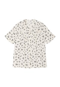 Short-sleeve blouse in cream fabric with black floral print, featuring a button-down front and gathered detailing along the neckline.