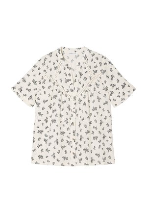 Blouse à manches courtes en tissu crème avec un imprimé floral noir, dotée d'une fermeture à boutons sur le devant et de détails froncés le long de l'encolure.