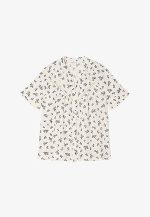 Blusa a maniche corte in tessuto crema con stampa floreale nera, con un'apertura frontale a bottoni e dettagli arricciati lungo il colletto.