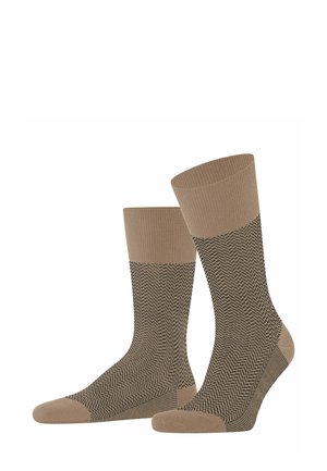 Brown socks with a herringbone pattern, ribbed bands at the top, and solid brown toes. Soft texture with a medium height design.