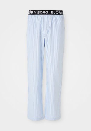 Pantalons de pyjama rayés bleus avec une taille élastique noire comportant le texte "BJÖRN BORG", en tissu léger et avec une coupe décontractée.