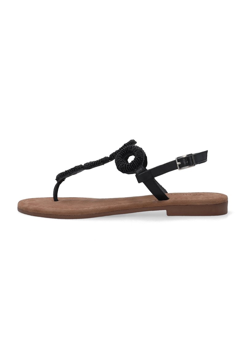 Sorte flade sandaler med et tekstureret perle-bånd og et minimalistisk design. Har en slank ankelspænde og en indersål af brunt ruskind.