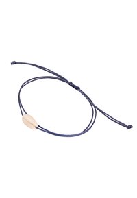 Verstelbare armband met een donkerblauwe koord en een witte schelpkraal. Het ontwerp omvat twee lange koorduiteinden voor het bevestigen.