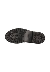 Suela de bota de goma negra con profundos surcos que presenta patrones rectangulares y en forma de cruz para proporcionar tracción y durabilidad.