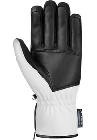 Zwarte en witte waterdichte handschoen met een leren palm, stoffen manchette en elastische pols. Beschikt over een vijfvingerconstructie en stikseldetails.