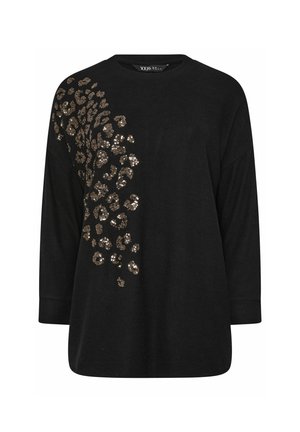 Mustapaita, jossa on pitkät hihat ja leopardikuosiset kullanväriset paljetit vasemmalla puolella, pyöreä kaula-aukko ja rento istuvuus.