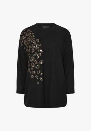Schwarzer Sweatshirt mit langen Ärmeln, der ein Leopardenmuster aus goldenen Pailletten auf der linken Seite zeigt. Er hat einen runden Ausschnitt und eine lässige Passform.