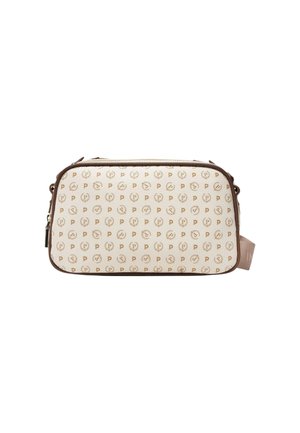 Borsa a tracolla rettangolare crema con bordatura marrone e motivo logo beige "P" ripetuto, con tracolla beige regolabile su sfondo bianco.