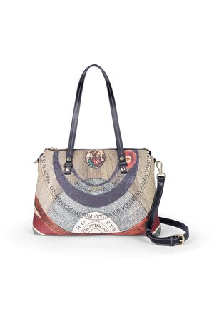 Printed handbag with a multicolored design, featuring patterns and text. It has black leather handles and a detachable shoulder strap.