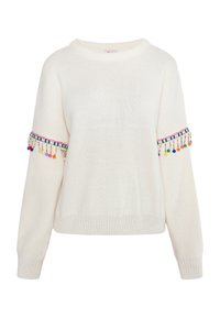 Crème-kleurige gebreide trui met lange mouwen. Decoratieve meerkleurige parelrand op de mouwen, met kleine pomponnen en gevlochten accenten.
