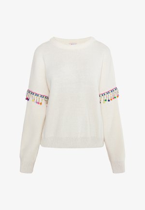 Krémový pletený sveter s dlhými rukávmi. Dekoratívny viacfarebný korálkový pás na rukávoch, obsahujúci malé pom-pomy a splietaný akcent.