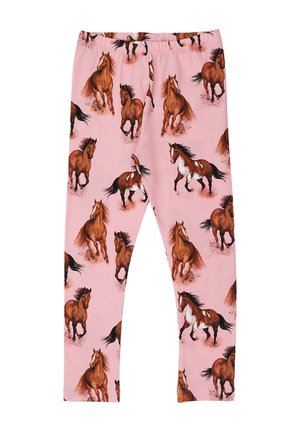 Pink leggings featuring a repeating pattern of brown and white horses in various running poses with flowing manes and tails.