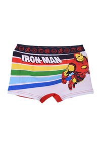 Boys' boxer shorts featuring a colorful striped pattern with red, yellow, green, blue, and white. Front graphic of Iron Man in red and yellow.