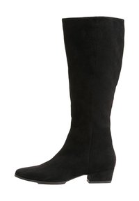 Térdig érő fekete velúr csizma, hegyes orral és alacsony tömbsarkal, sima textúrával és varrás nélküli kialakítással.