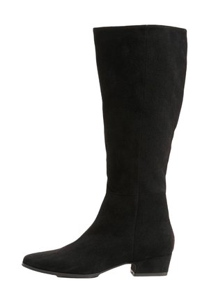 Czarny zamszowe botki do kolan z ostrym noskiem i niskim słupkowym obcasem, o gładkiej teksturze i bezszwowym wzornictwie.
