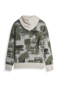 Maglione a hood con un motivo astratto verde, nero e beige, con polsini e orlo a coste, mostrato di spalle su uno sfondo bianco.