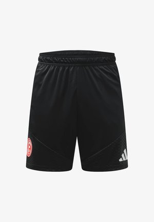 Czarne sportowe spodenki z elastycznym pasem, z czerwonym okrągłym logo na lewej nodze i białym logo Adidas na prawej nodze.