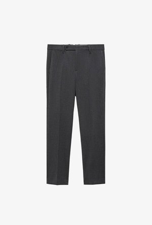 Grau Stoffhose mit geradem Schnitt, glatter Textur, Gürtelschlaufen und zwei Seitentaschen. Keine sichtbaren Muster oder Akzente.