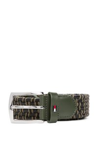 Woven belt in black and olive green with a silver metal buckle. Leather accents in olive green and a small branded logo on the leather.
