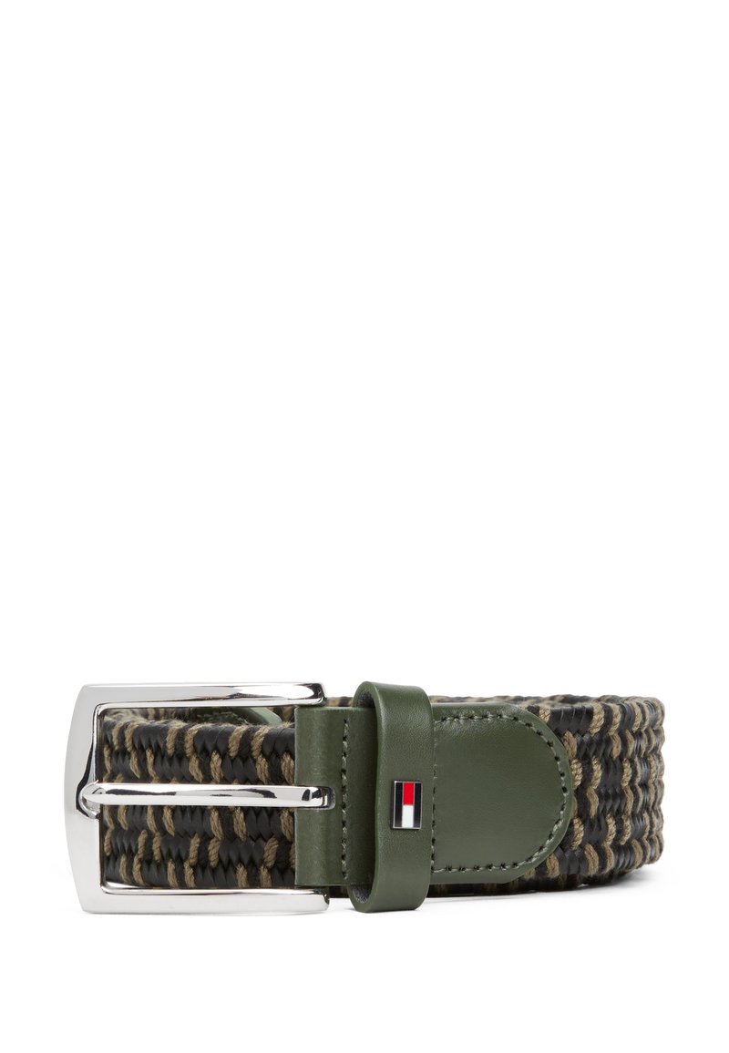 Woven belt in black and olive green with a silver metal buckle. Leather accents in olive green and a small branded logo on the leather.