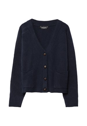 Cardigan bleu marine en tissu doux, avec un col en V, fermeture à boutons et deux poches avant ; détails en bord-côte aux poignets et à l'ourlet.