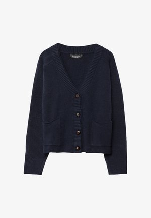 Marineblauer Cardigan aus weichem Stoff, mit V-Ausschnitt, Knopfverschluss und zwei vorderen Taschen; gerippte Bündchen und Saumdetails.