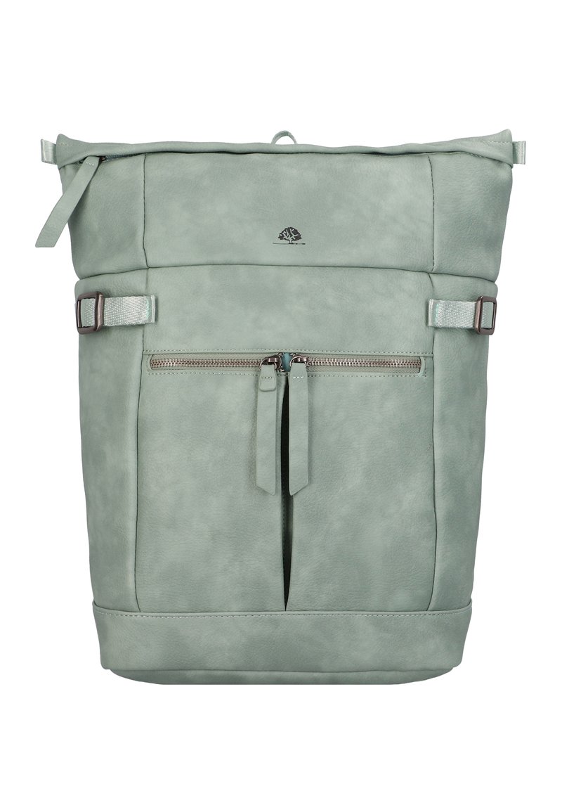 Grüner Leder-Rucksack mit gerolltem oberen Teil, vorderer Reißverschluss-Tasche und Gurt-Hardware. Glatte Textur mit subtiler Glanz. Baum-Logo auf der Vorderseite.