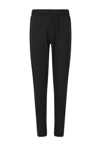 Svarta träningsbyxor i slät tyg, med elastisk midja, insydda ben och sidofickor för bekvämlighet.