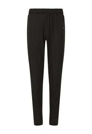 Svarta träningsbyxor i slät tyg, med elastisk midja, insydda ben och sidofickor för bekvämlighet.