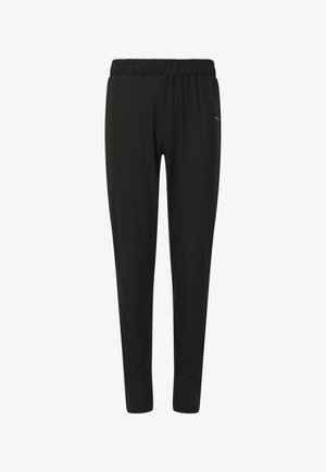 Schwarze Sporthose aus glattem Material, mit einem elastischen Bund, schmal zulaufenden Beinen und seitlichen Taschen für zusätzlichen Komfort.