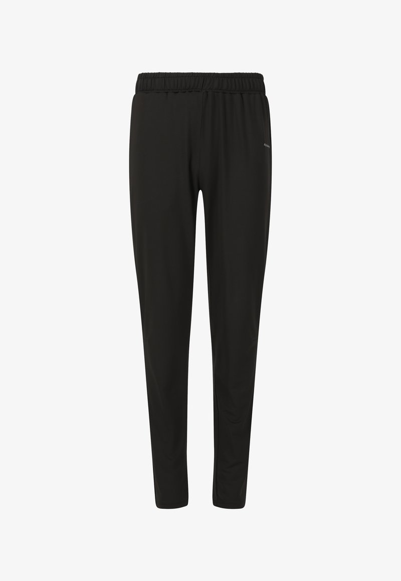 Pantalons de sport noirs en tissu lisse, avec une taille élastique, des jambes fuselées et des poches latérales pour plus de commodité.
