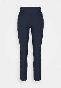 Navy leggings with a high waistband, featuring two front pockets and a smooth, stretchy fabric texture. Slim fit design.