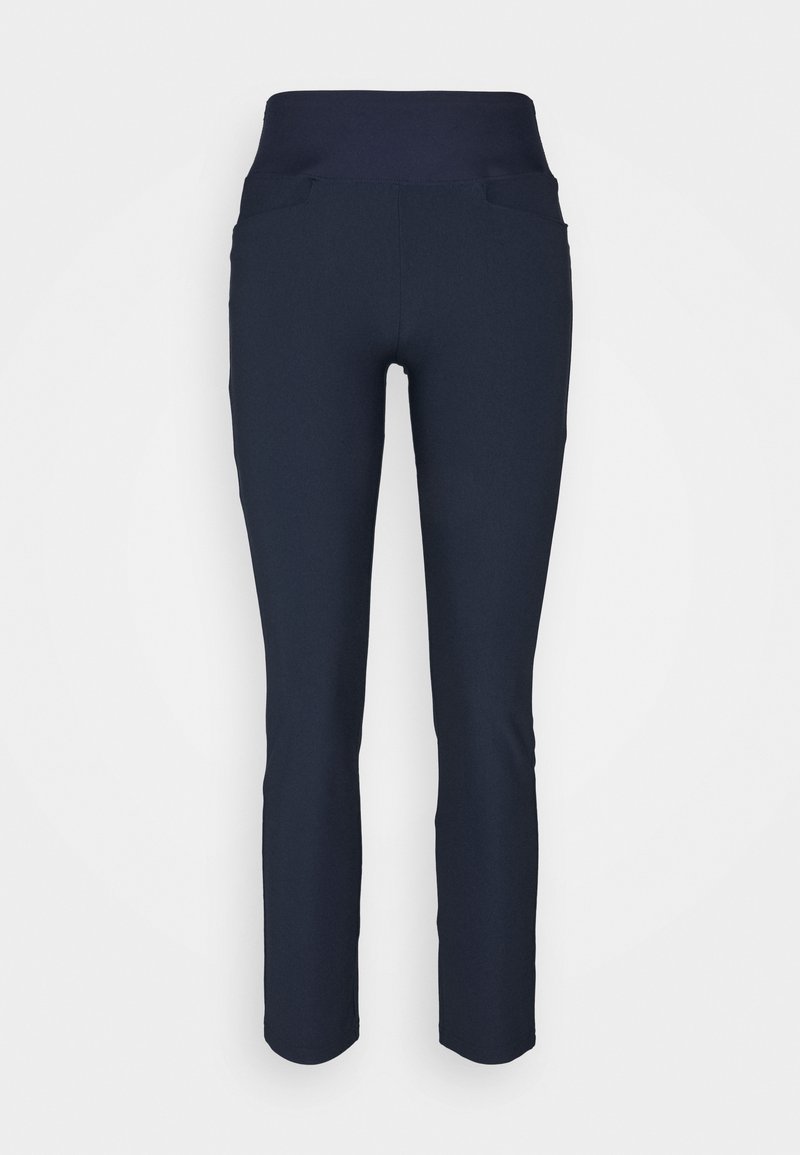 Navy leggings with a high waistband, featuring two front pockets and a smooth, stretchy fabric texture. Slim fit design.