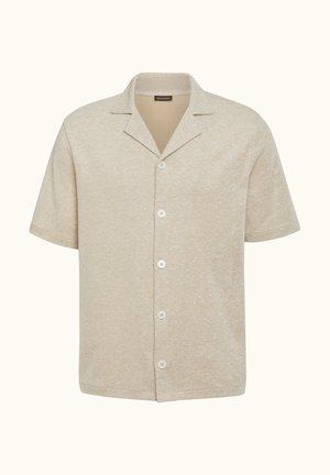 Beige short-sleeve shirt met een gestructureerde stof, kraag en vijf knoopsluitingen aan de voorkant.