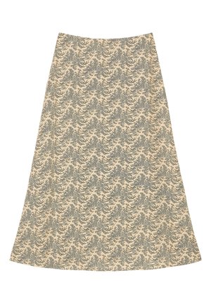 Beige A-lijn rok met een herhaald zwart bloemmotief, knielengte en een gladde stoftextuur.