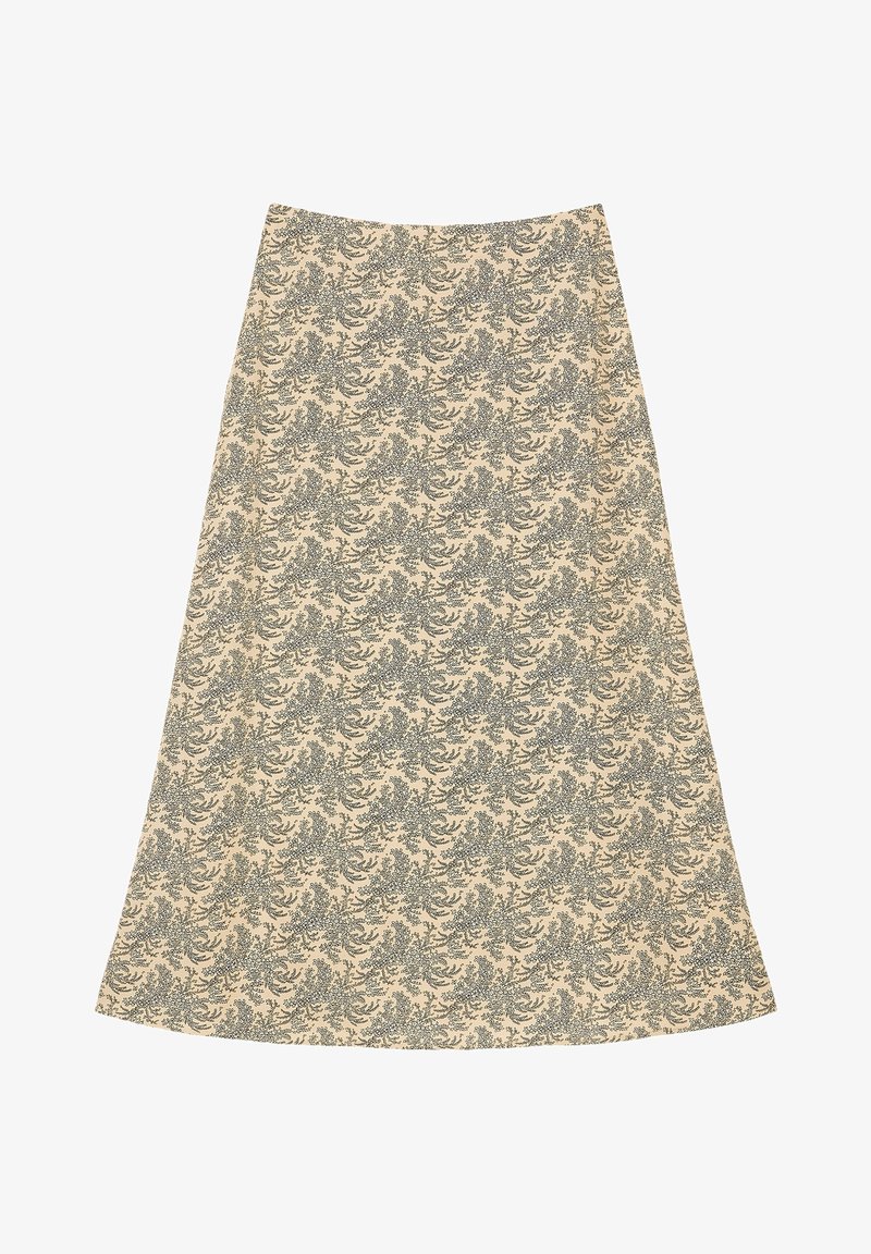 Jupe beige ligne A avec un motif floral noir répété, longueur au genou et texture de tissu lisse.