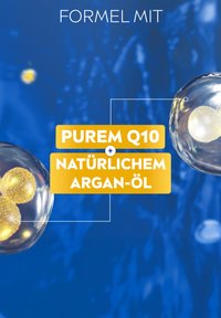 Wissenschaftlicher blauer Hintergrund mit leuchtenden Kugeln, die "Purem Q10 + natürlichem Argan-Öl" in fettem gelbem Text hervorheben.