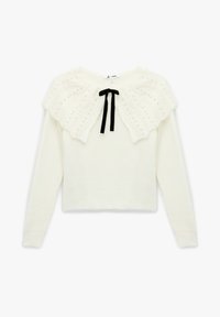 Maglione bianco con un colletto testurizzato e decorato, adornato con piccole perle e un fiocco nero sullo scollo. Lunghezza corta e maniche lunghe.