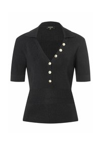 Schwarzer kurzärmeliger Pullover mit V-Ausschnitt und gerippter Textur. Verfügt über sechs dekorative Knöpfe entlang der Leiste. Glatte Stoffoberfläche.