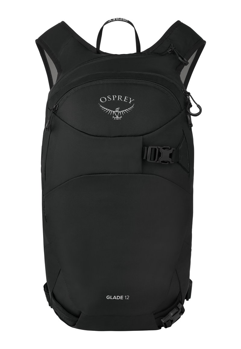 Schwarzer Rucksack mit einem schlanken Design, hergestellt aus strapazierfähigem Gewebe. Verfügt über einen oberen Griff, Reißverschluss-Taschen und einen verstellbaren Schnallenverschluss.